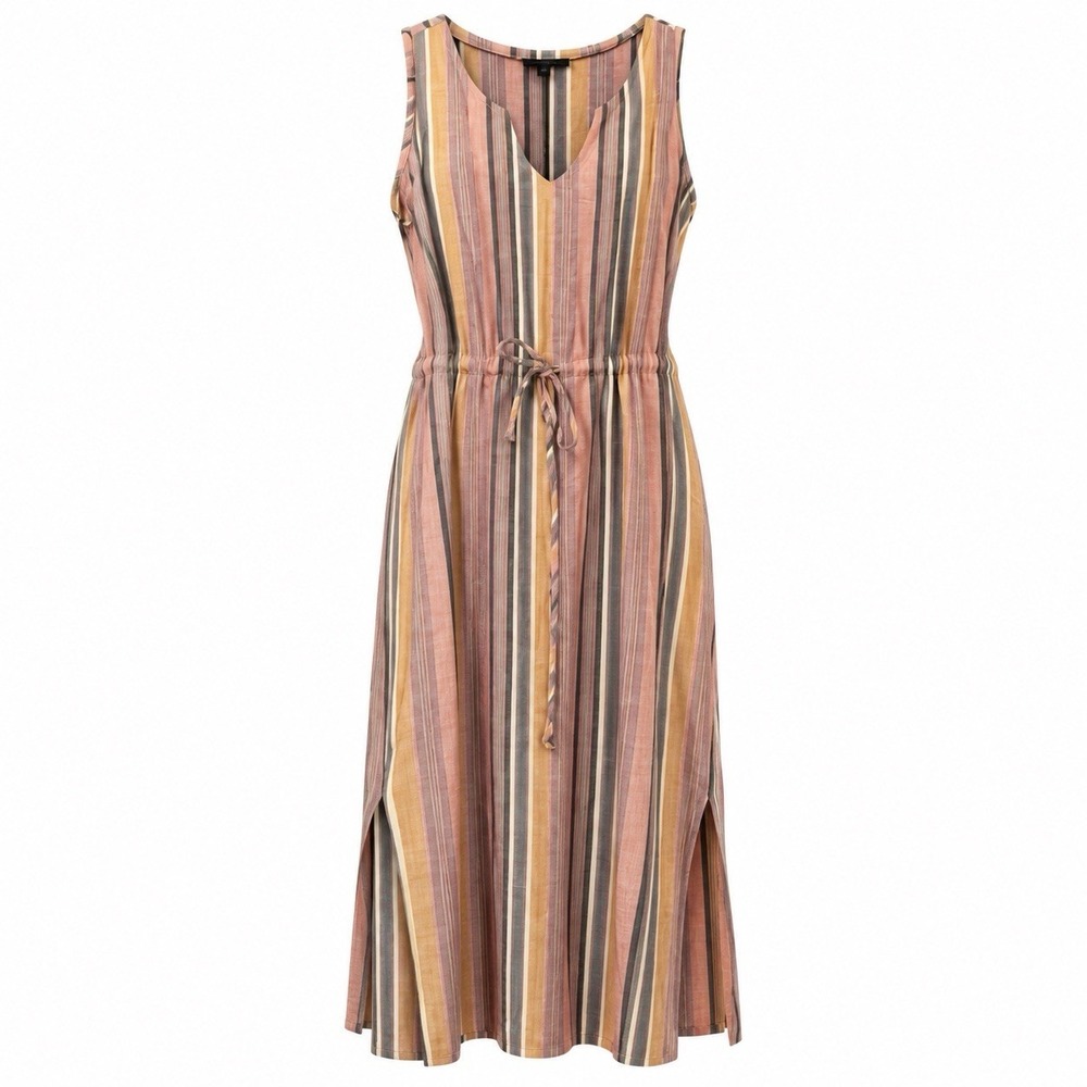 Drew Womens Small Vertical Striped Linen Rayon Blend Drawstring Waist Dress